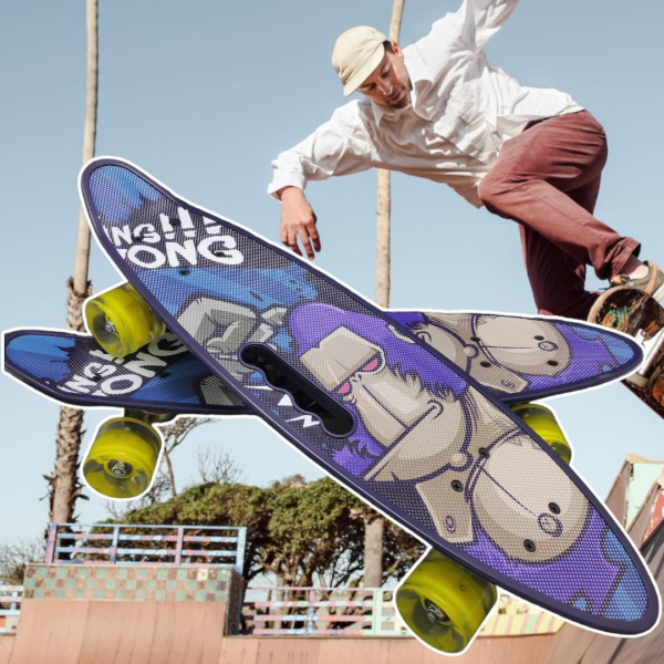 Скейт пенни Борд для детей 58x16см с ручкой для удобной переноски, светящиеся прозрачные колеса 55 мм